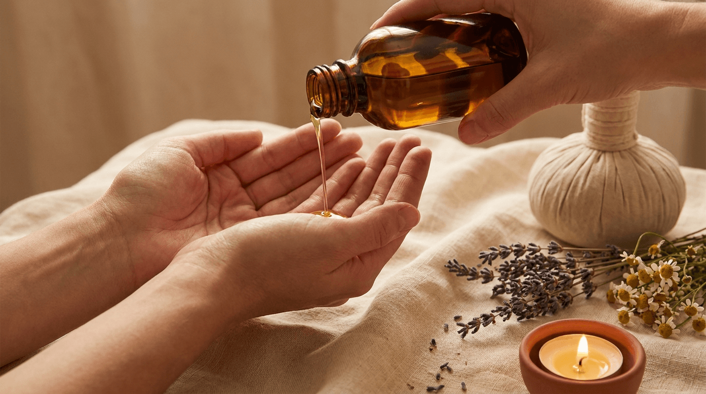 Warm oil poured into cupped hands beside a herbal compress