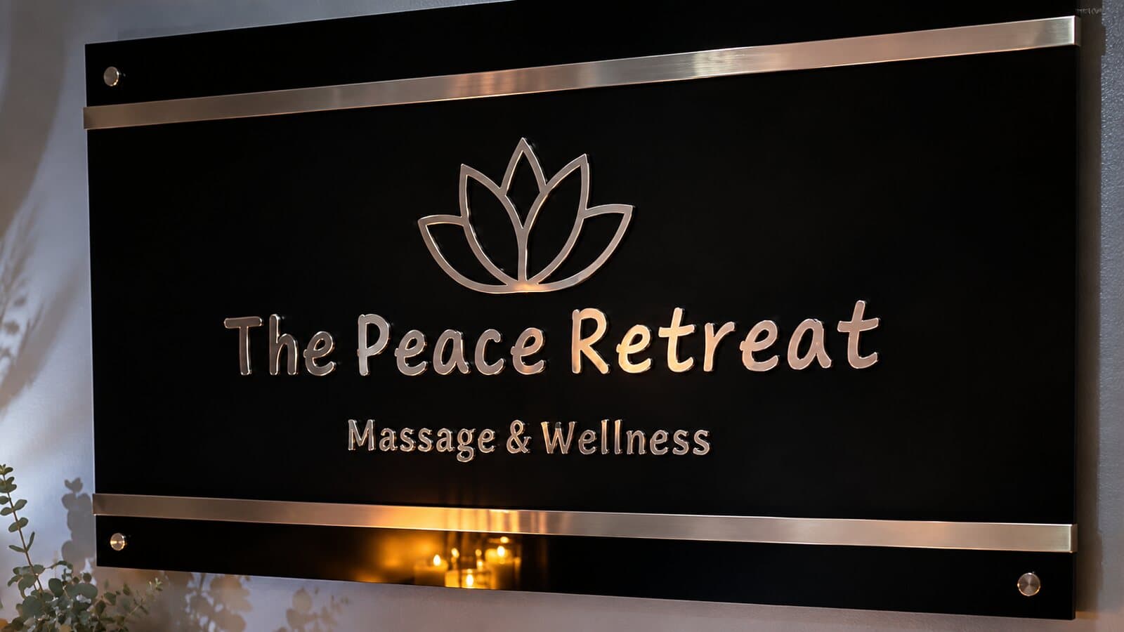 The illuminated The Peace Retreat sign outside the home salon at night
